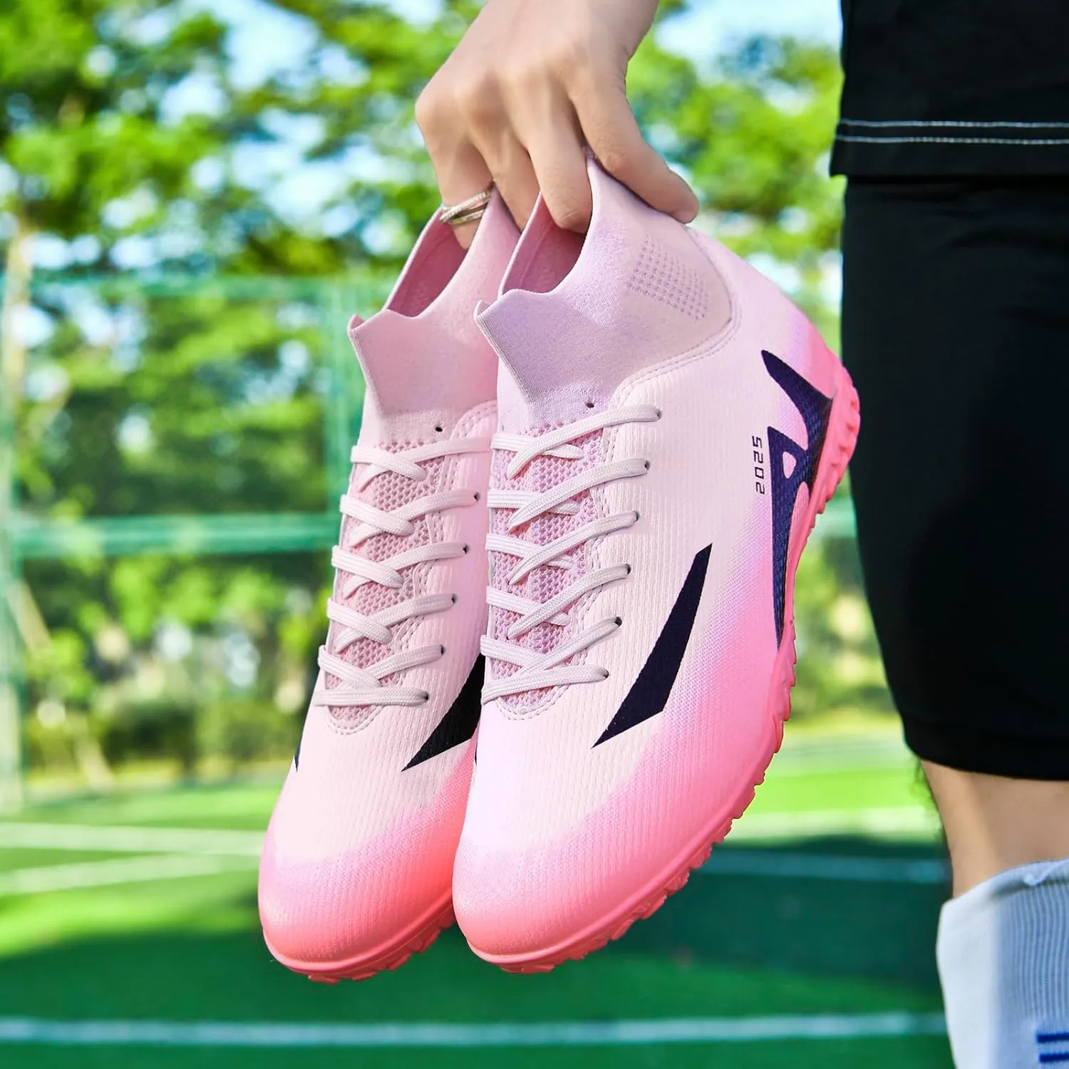 Men's Soccer Shoes High-Tops Lace-Up Non-Slip Spikes Indoor Football Futsal TF Turf Cleats